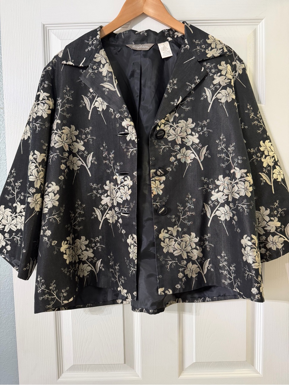 Womens XL Black Floral Silk Blend Swing Jacket - Picture 2 of 10